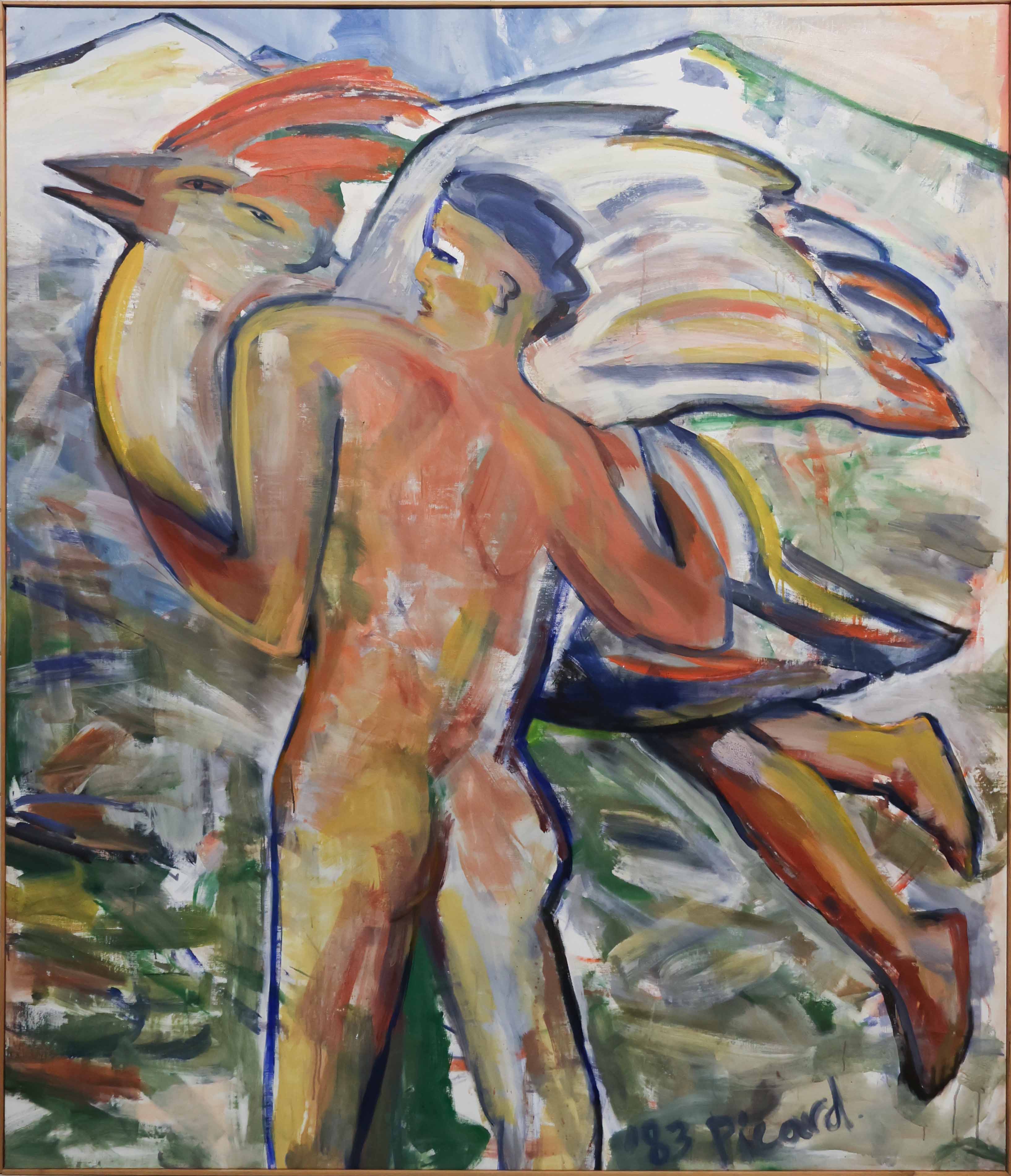 Buy Hans Picard - Acryl op doek, Een mens al leeft hij goed, sterft en een ander wordt geboren? Bid from 400!