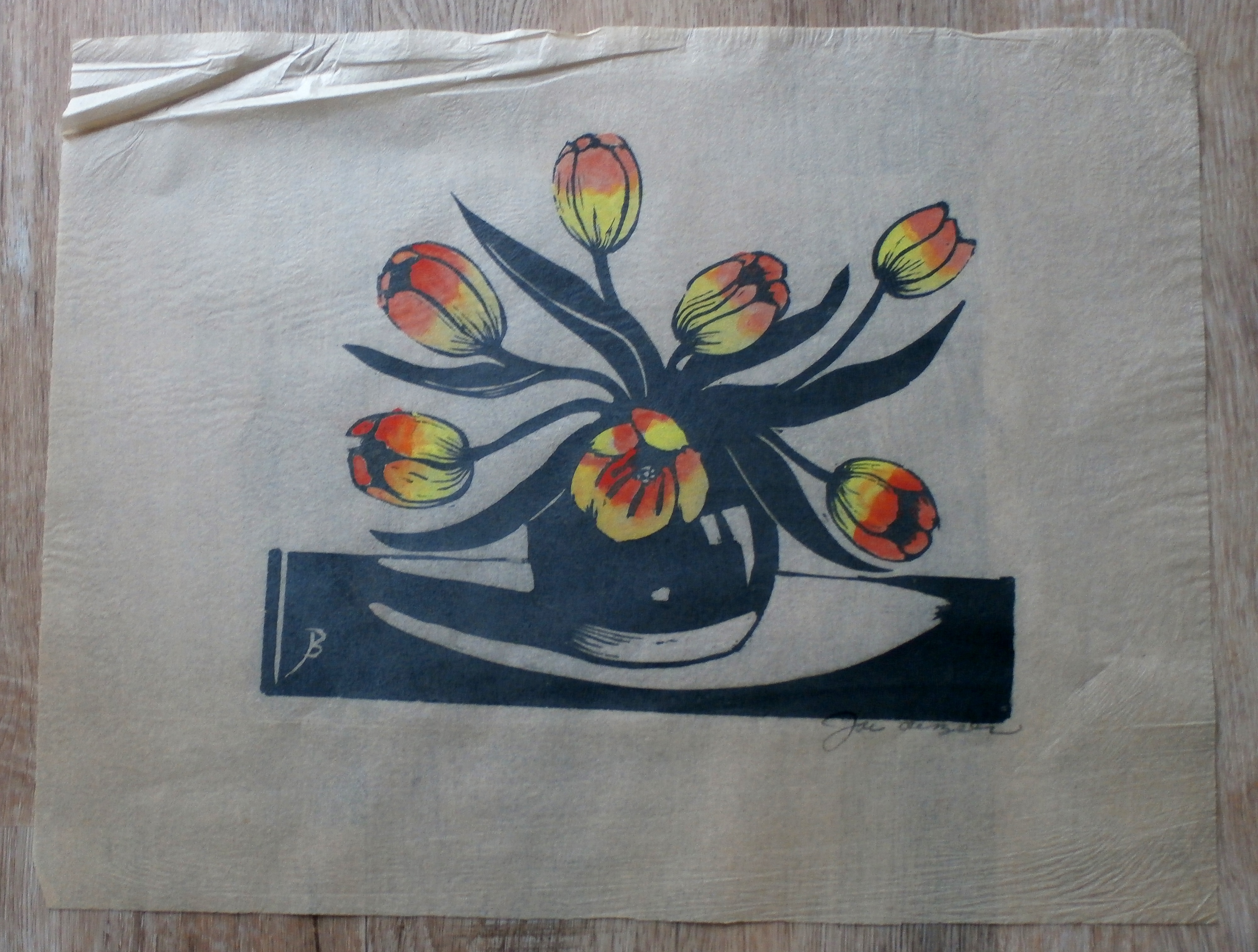 Jac. de Beer - Houtsnede: Vaas met tulpen kopen? Bied vanaf 40!