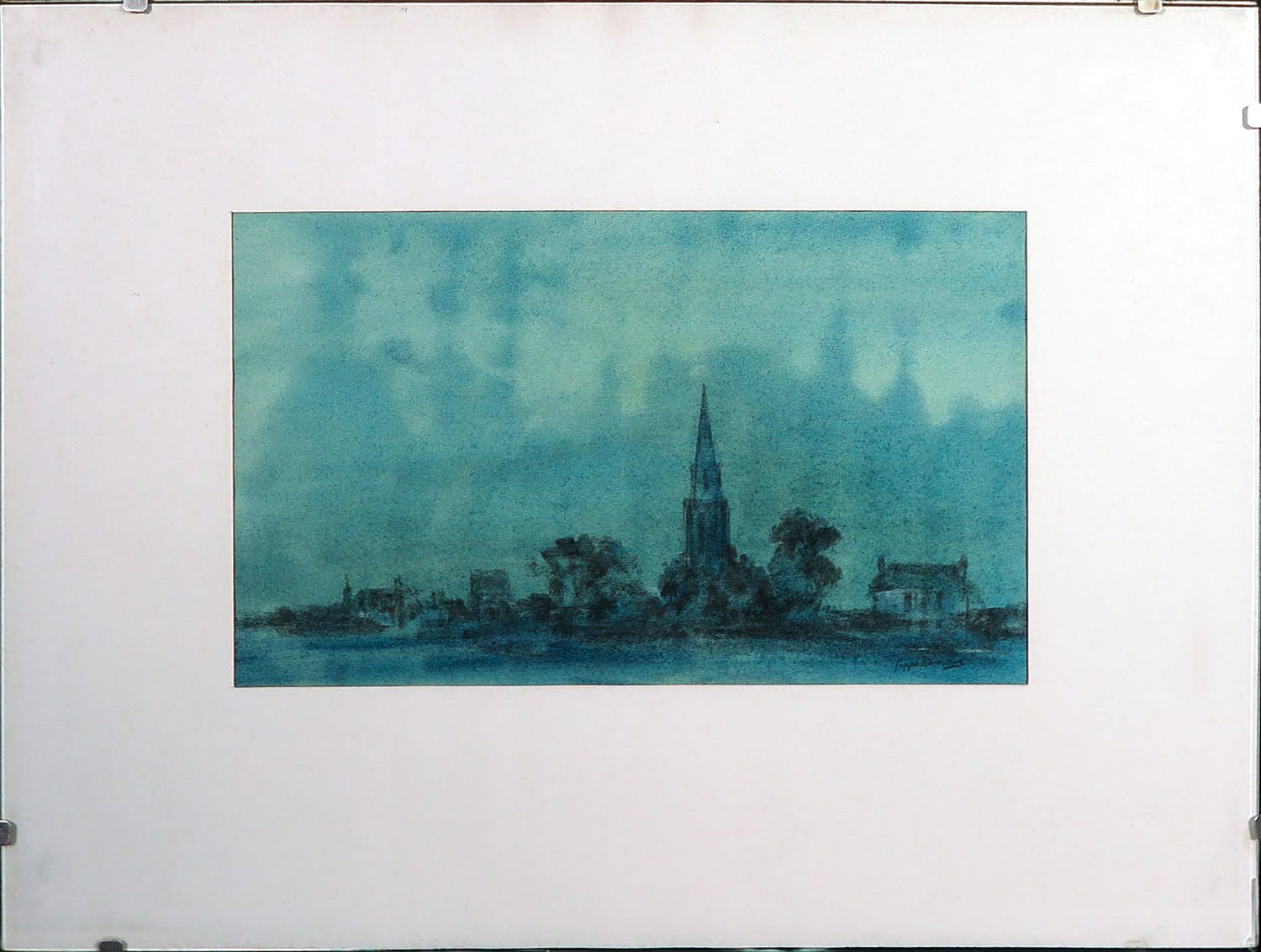 Poppe Damave - Aquarel, Dorpsgezicht met kerk - Ingelijst verkocht voor € 35!