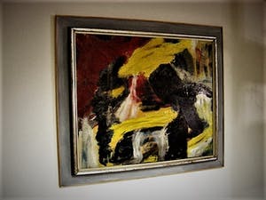 Niet of onleesbaar gesigneerd - Intrigerend Abstract jaren 50/60 olieverf doek - monogram - Originele lijst kopen? Bied vanaf 1!