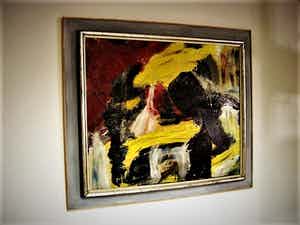 Niet of onleesbaar gesigneerd - Intrigerend Abstract jaren 50/60 olieverf doek - monogram - Originele lijst verkocht voor € 1!