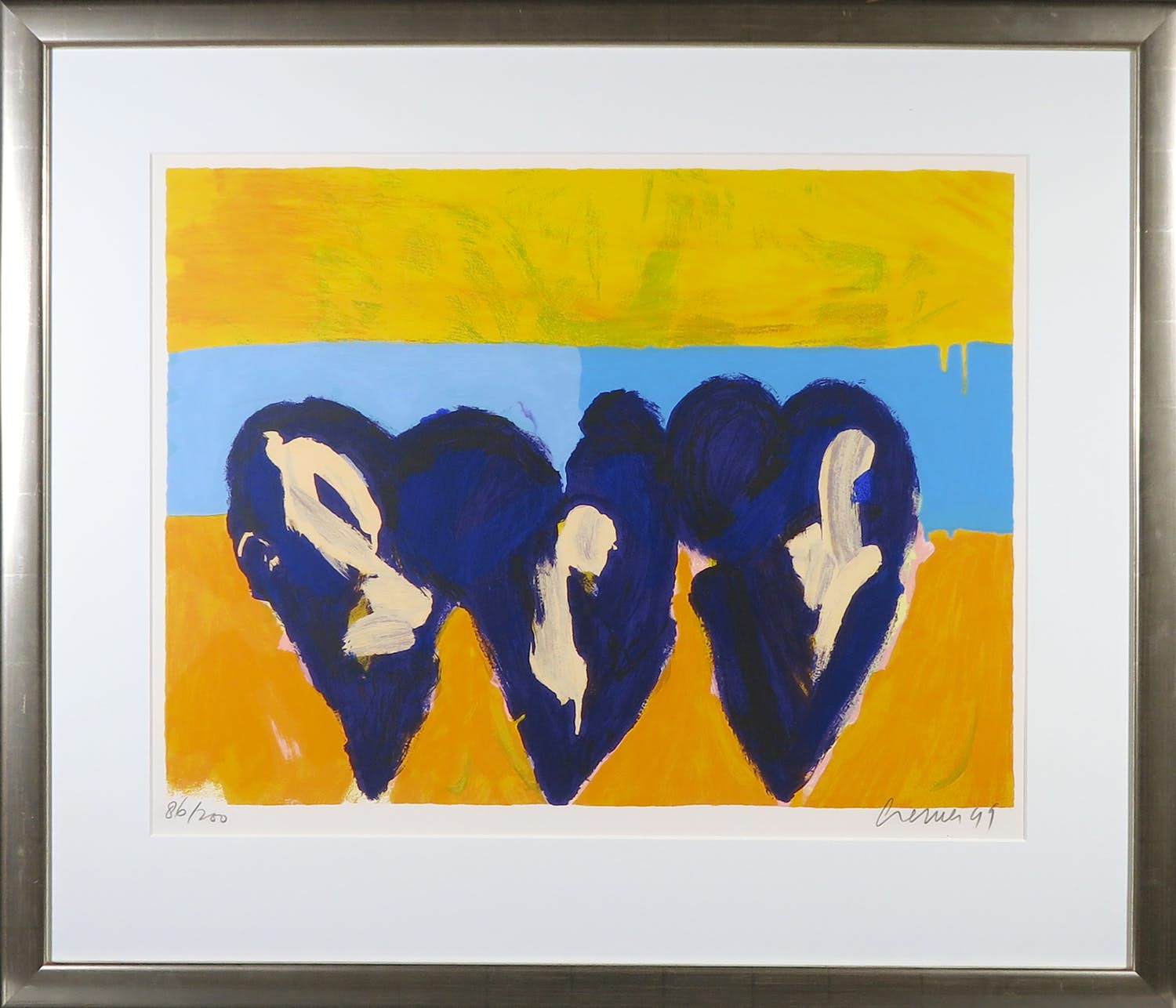 Jan Cremer - Zeefdruk, Drie tulpen op een gekleurd veld - Ingelijst (Groot) kopen? Bied vanaf 1!