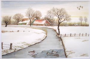 Ari Stolk - Winterlandschap boerderij, bevroren sloot en eenden kopen? Bied vanaf 60!