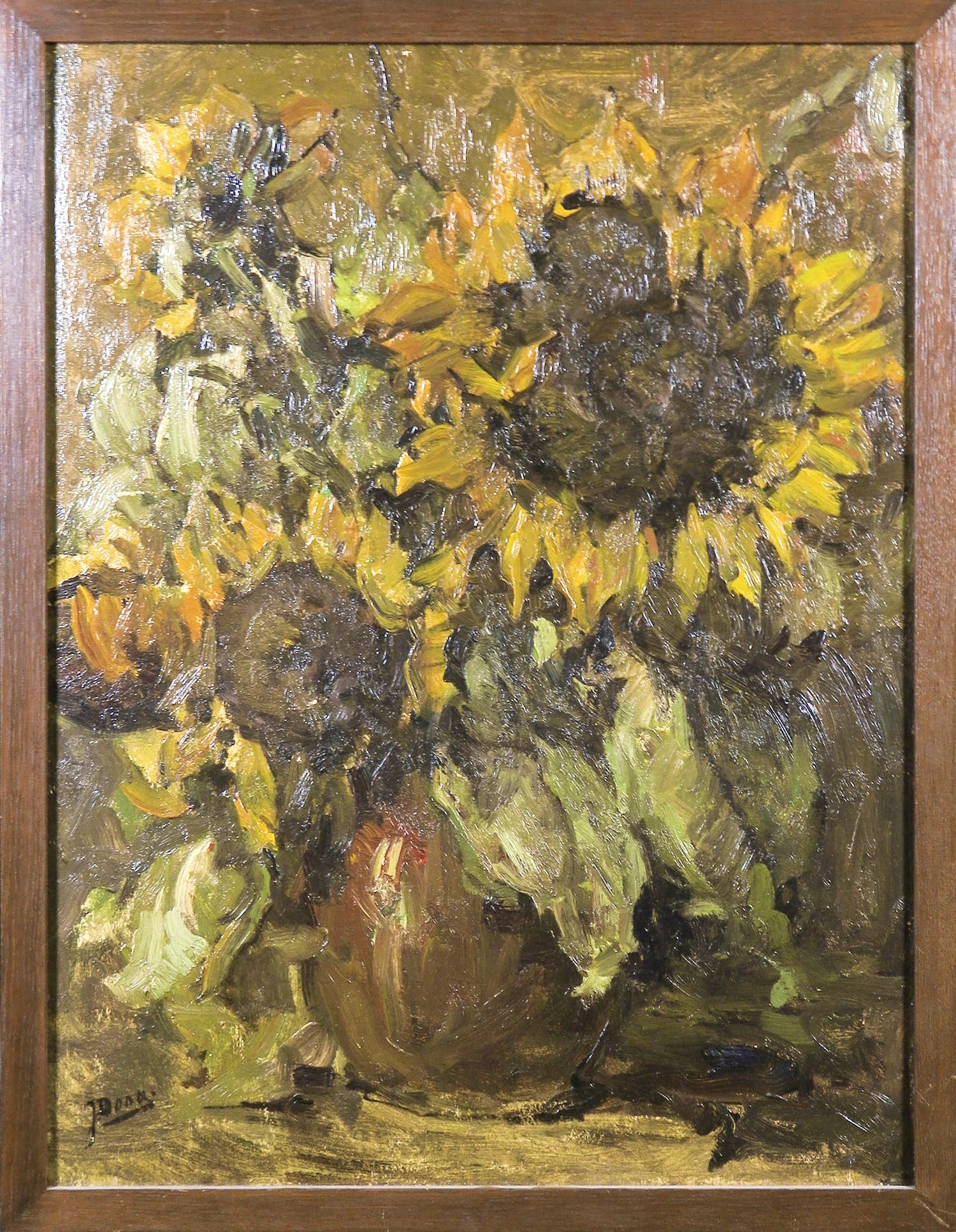 Johannes Dona - Olieverf op board, Zonnebloemen - Ingelijst verkocht voor € 150!