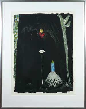 Michel van Overbeeke - Kleurenets met bladgoud, Black mountain - Ingelijst verkocht voor € 50!