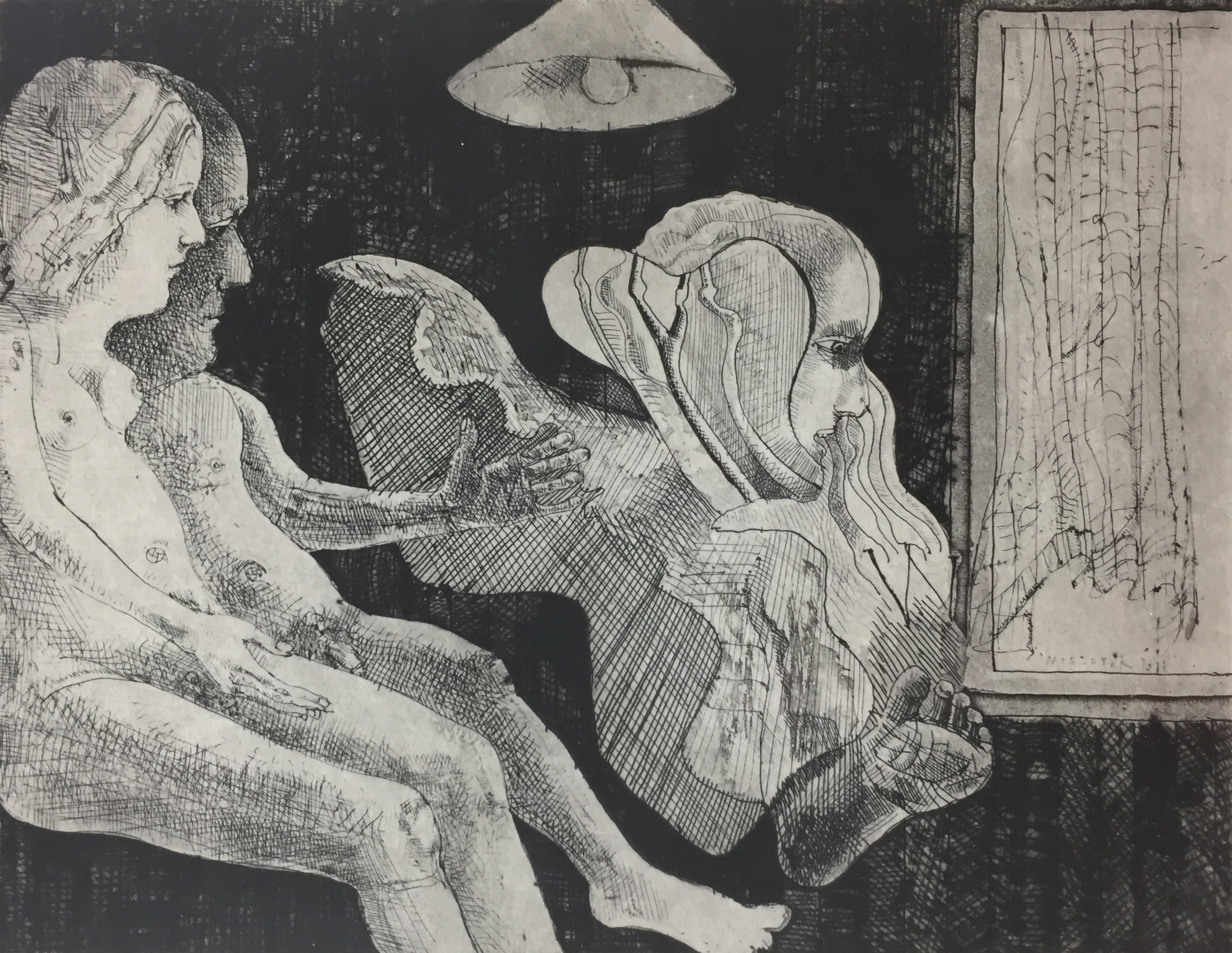 Co Westerik - ets, 'Naakt paar met verschijning', 1971 (INGELIJST) verkocht voor € 299!