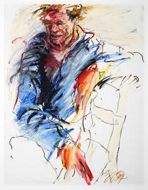 Niet of onleesbaar gesigneerd - Olieverf op papier, Man op stoel (in passe-partout) verkocht voor € 10!