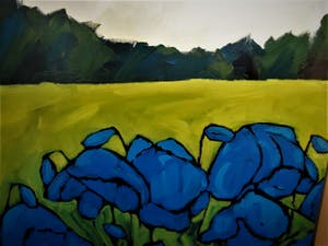 Jocke Overwater - GROOT! Acrylverf op doek "Blauwe Klaprozen in weids Landschap" gesigneerd kopen? Bied vanaf 10!