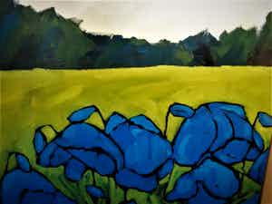 Jocke Overwater - GROOT! Acrylverf op doek "Blauwe Klaprozen in weids Landschap" gesigneerd verkocht voor € 10!