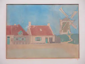 Niet of onleesbaar gesigneerd - Molen en woningen Zoutelande? - Gemengde techniek kopen? Bied vanaf 1!