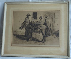 Louis Bron - Ets, Straatverkoper met ezel - gesigneerd & ingelijst – ca 1925 kopen? Bied vanaf 35!