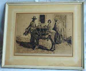 Louis Bron - Ets, Straatverkoper met ezel - gesigneerd & ingelijst – ca 1925 verkocht voor € 35!