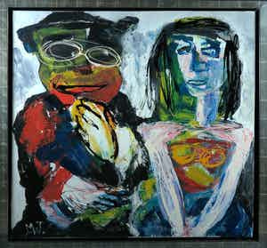 Martin van Wordragen - Olieverf op doek, Aanklager met verdachte - Ingelijst (Groot) verkocht voor € 300!