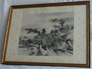 Niet of onleesbaar gesigneerd - Ingelijste zw/w inkttekening / aquarel , Japan? China? , Landschap kopen? Bied vanaf 1!