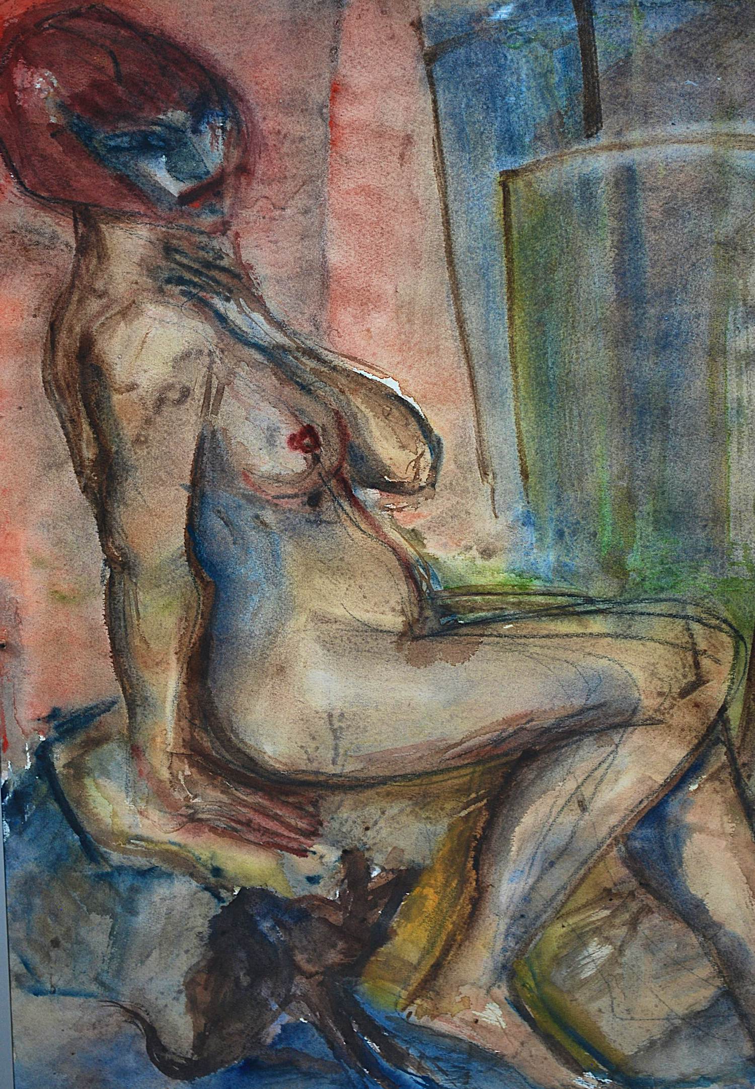 Buy Rob Aussen - zittend naakt - grote ingelijste aquarel? Bid from 75!