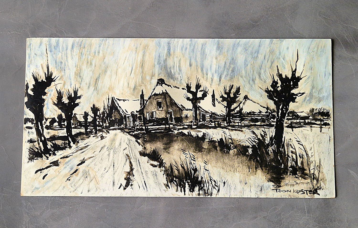 Toon Koster - Sfeervol impressionistisch Aquarel en Sepia "winterlandschap" gesigneerd kopen? Bied vanaf 43!