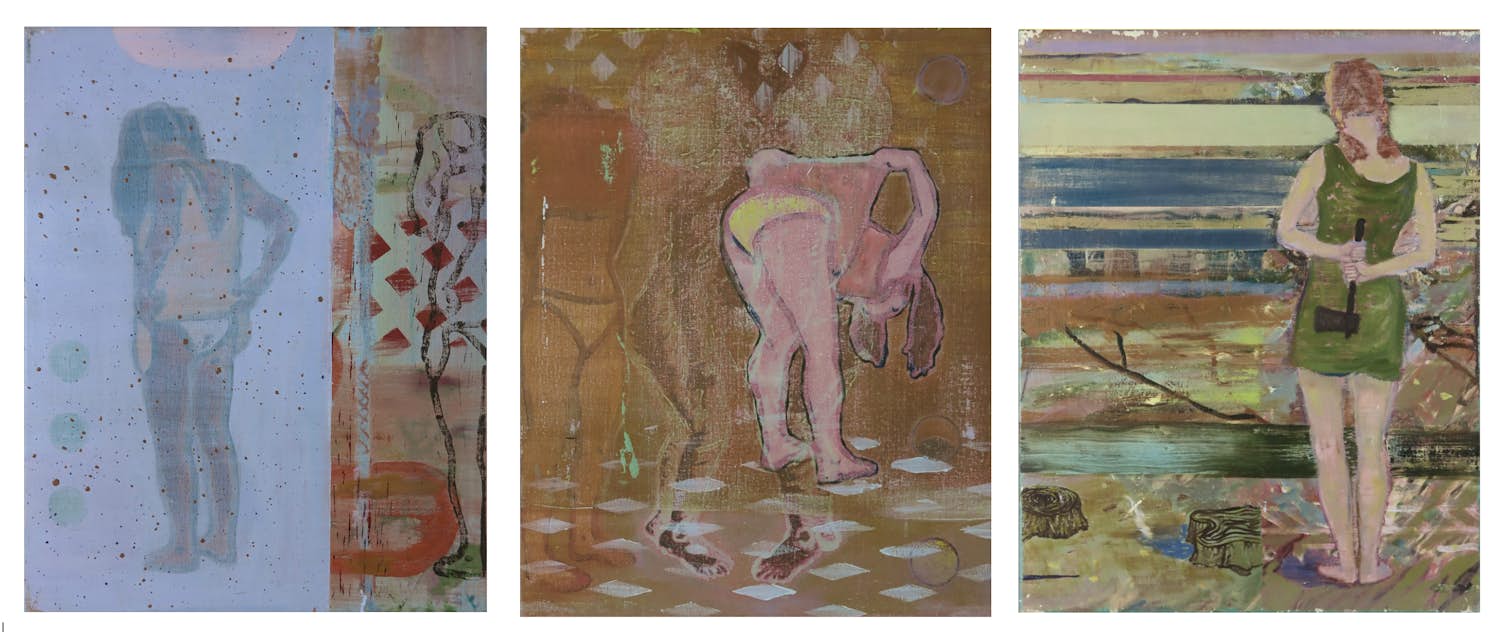 Karin Bos - Set van drie schilderijen (olieverf op doek), Showgirl I, III en Lumberjack girl kopen? Bied vanaf 100!