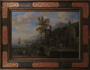 Matthijs Schoevaerdts - 17e eeuw: Olieverf op paneel, Landschap met figuren aan de oever van een rivier - Ingelijst kopen? Bied vanaf 4200!