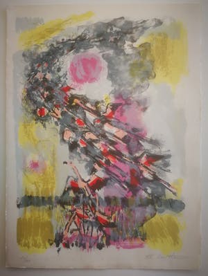 Maurice Elie Sarthou - Flamingos. Vogelvlucht met rode zon. kopen? Bied vanaf 99!
