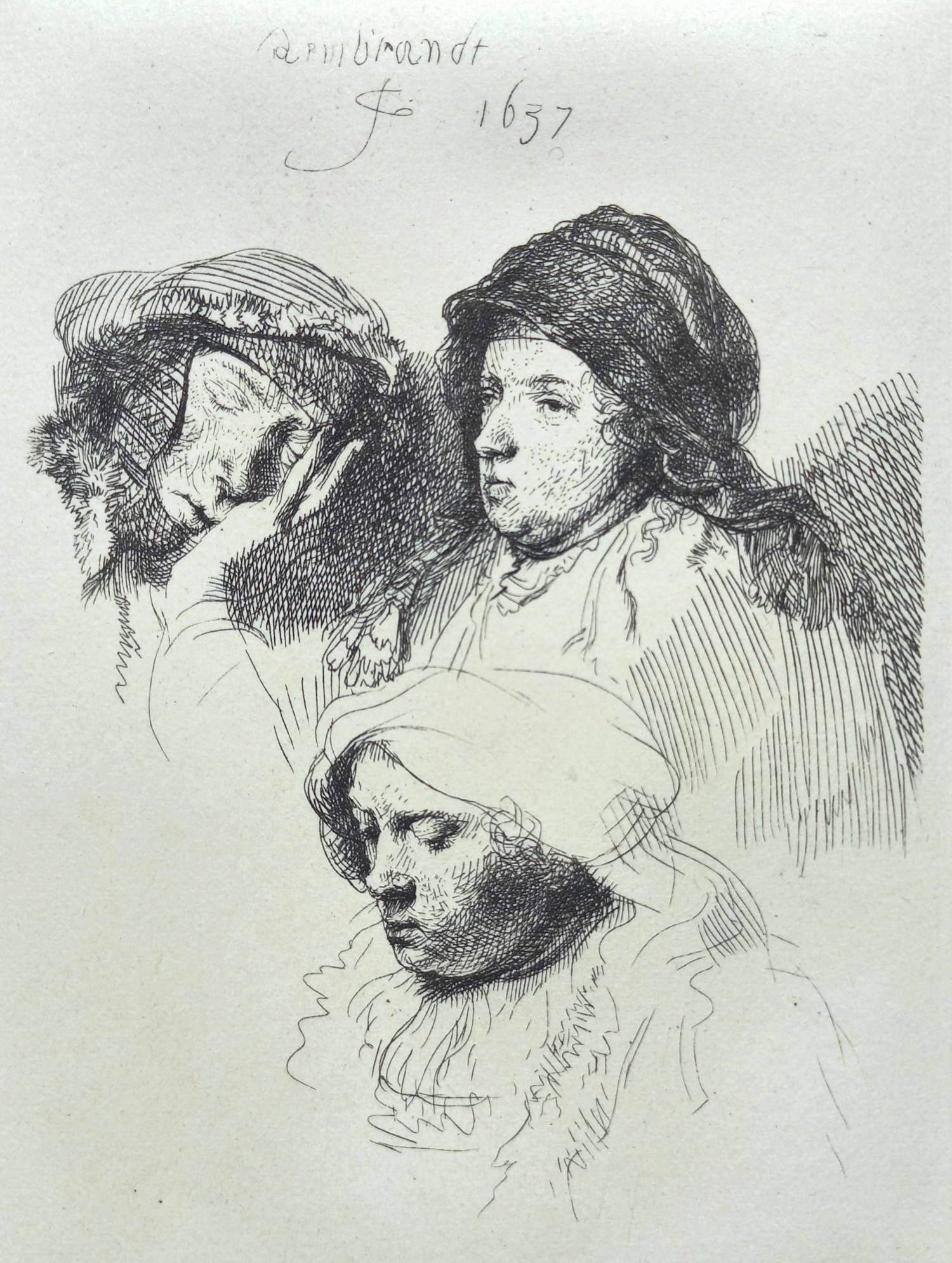 Rembrandt van Rijn - Drie vrouwenkoppen, één slapend, ets verkocht voor € 70!