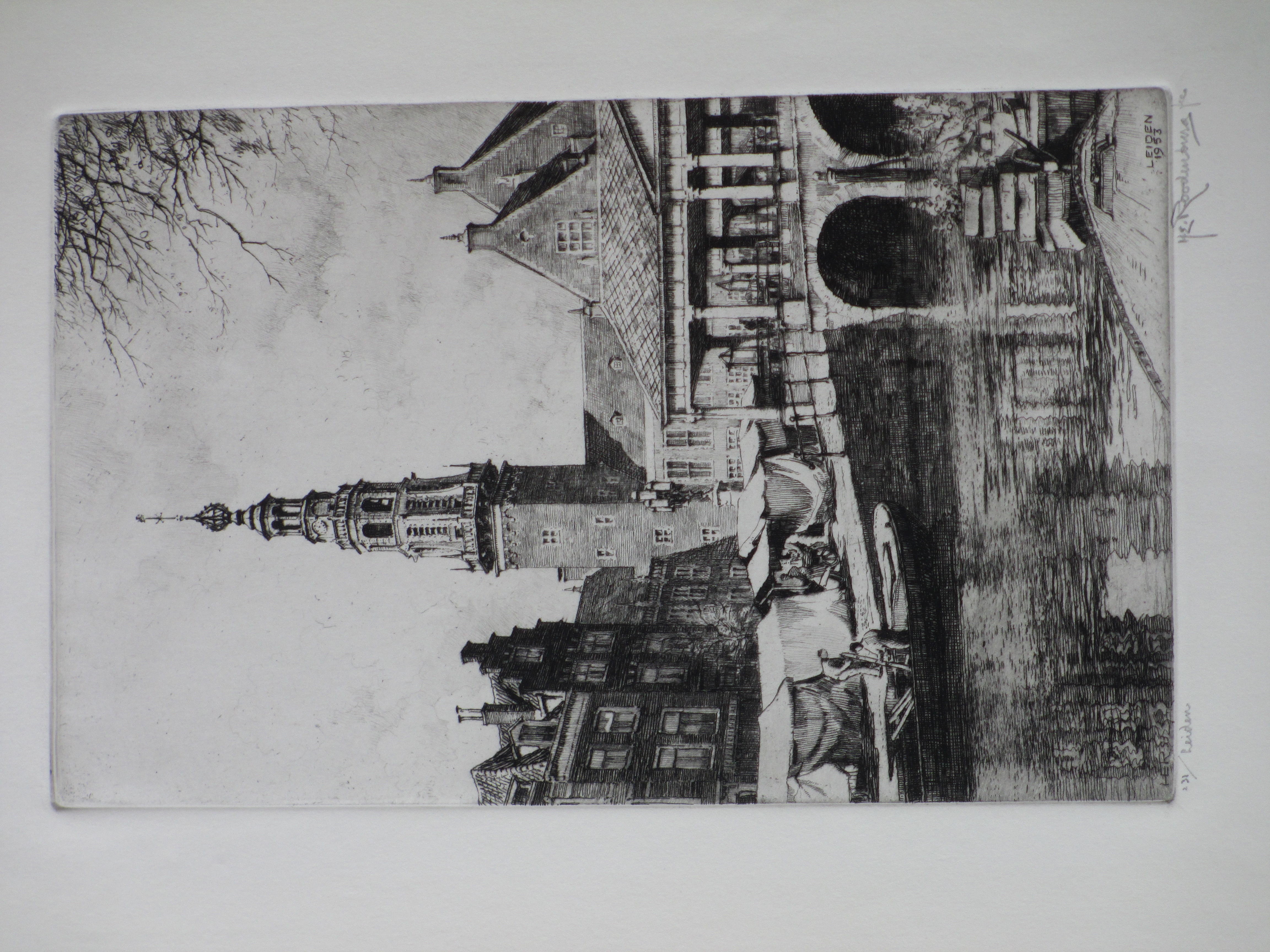 Hendrikus Roodenburg - Korenbeurs en Stadhuis Leiden - Ets verkocht voor € 40!