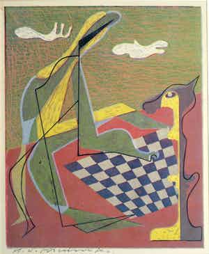 Harry van Kruiningen - Ingelijste kleurenlitho , Schaakspeler – 1947 – oplage 24 ex. verkocht voor € 50!