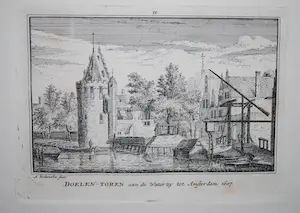 Abraham Rademaker - De Doelentoren, Amsterdam -18e eeuwse gravure - kopen? Bied vanaf 1!