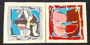 Buy Jeroen Gerlofsma - Set van twee zeefdrukken, De smak & Koe met kalf? Bid from 20!