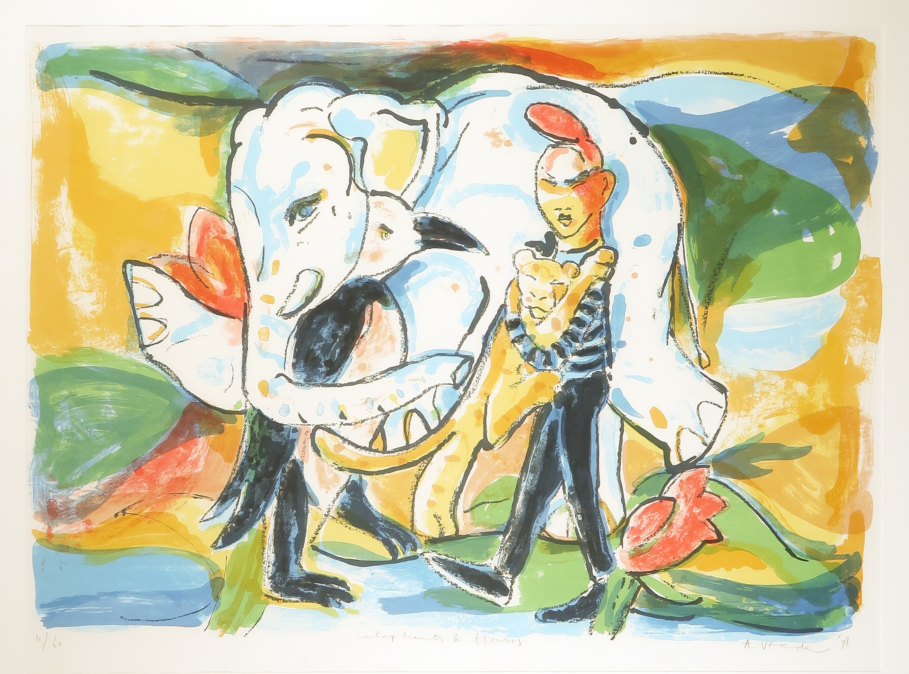 Anton Vrede - Zeefdruk, Elephants en flowers - Ingelijst (Groot) kopen? Bied vanaf 35!