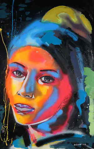 AcheterPeter Klashorst - Acryl en spuitbus op doek, Portret naar meisje met de parel? Enchérissez de 400!