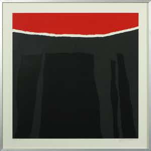 Gijs Keizer - Zeefdruk, Z.T. Abstracte voorstelling in rood en zwart - Ingelijst verkocht voor € 20!