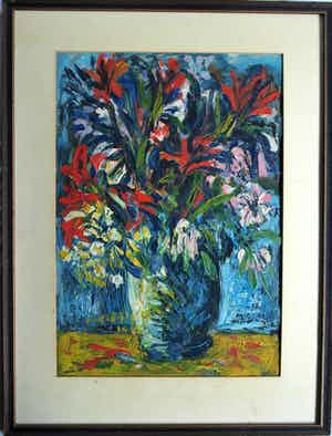 Niet of onleesbaar gesigneerd - Ingelijst, olieverf op papier , Bloemstilleven – Turkije? – 1978 verkocht voor € 1!