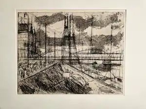 Jos van den Berg - omstreeks 1935 gemaakte droge naald Ets "spoorbrug over de Waal bij Nijmegen" verkauft für € 47!