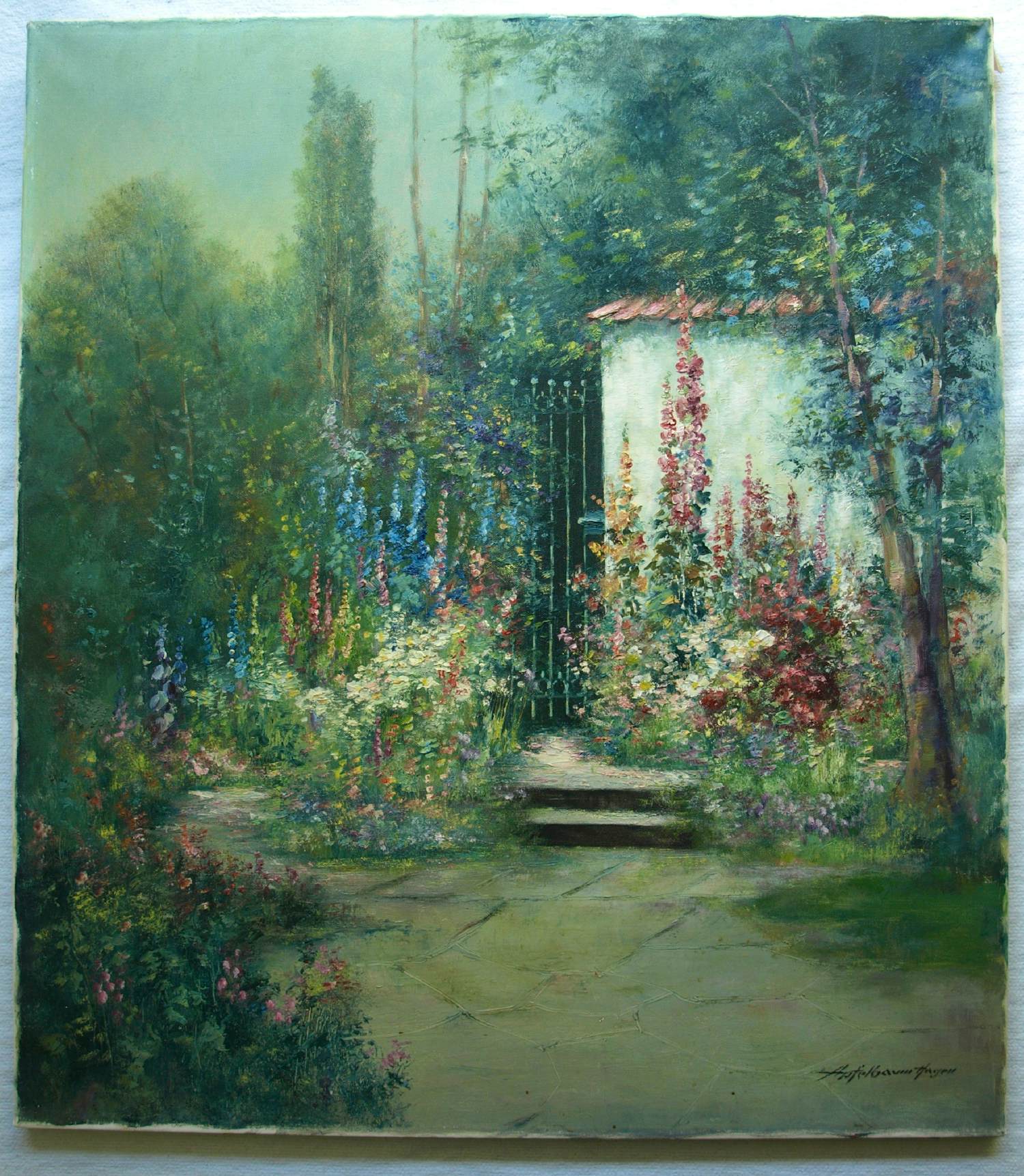 Friedrich Adolf Apfelbaum - Olieverf op doek , Romantische Tuin – 80 x 70 cm – ca. 1950 kopen? Bied vanaf 100!