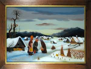 Joze Peternelj-Mausar - Achterglasschildering, Winters tafereel - Ingelijst verkocht voor € 1!