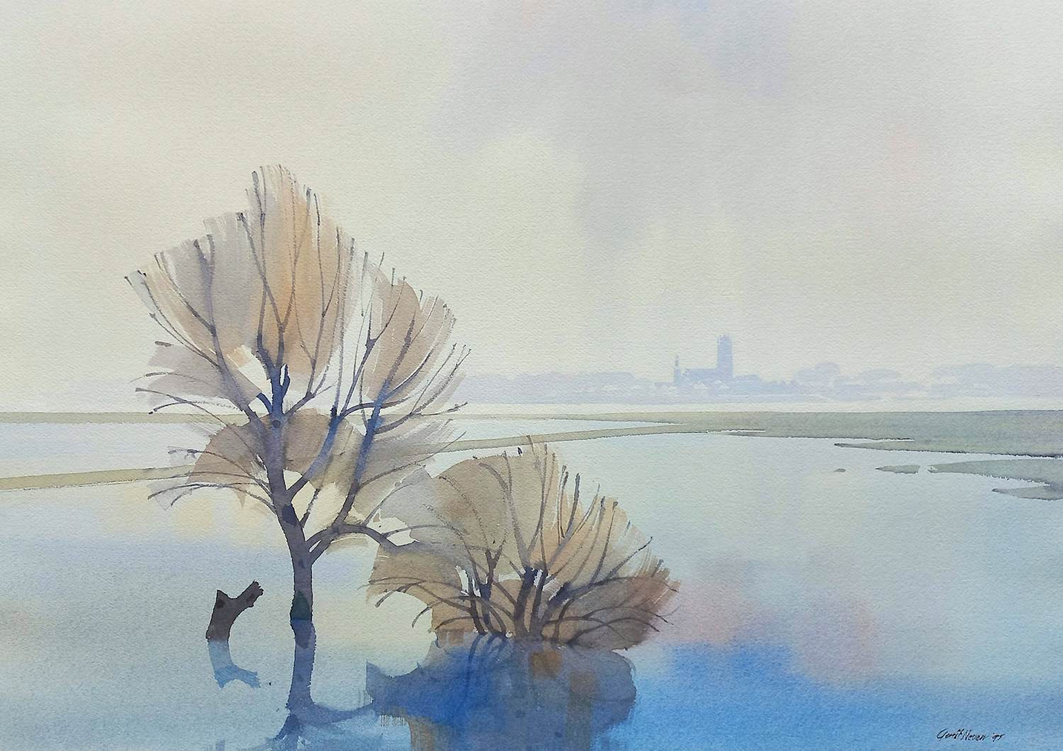 Gerrit Neven - Uiterwaard, aquarel kopen? Bied vanaf 125!