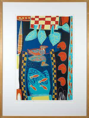 Diana van Hal - Linosnede, Blue lake - Ingelijst verkocht voor € 40!