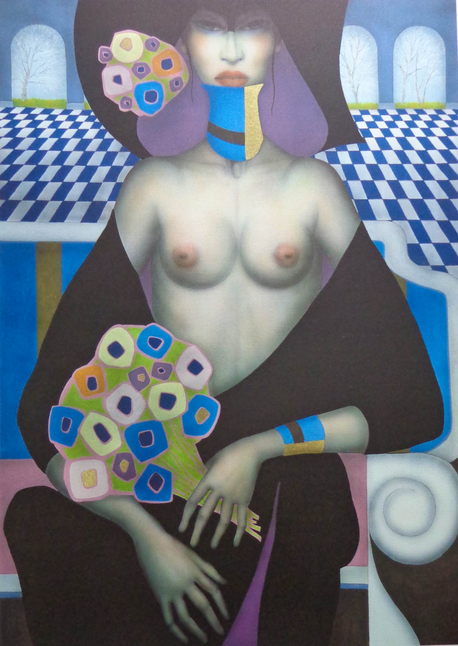 Jef van Tuerenhout - HALFNAAKTE VROUW / KLEURZEEFDRUK / 80x60cm / SIG verkocht voor € 95!