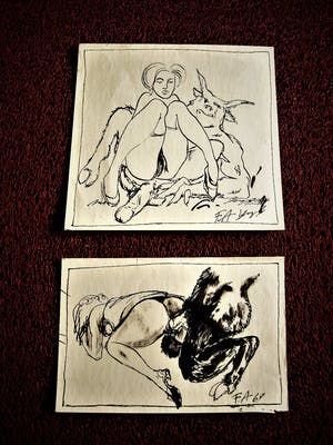 Niet of onleesbaar gesigneerd - 2x Russische 1969 sexueel expliciete Inkt tek. - Faun en vrouw - gesigneerd kopen? Bied vanaf 1!