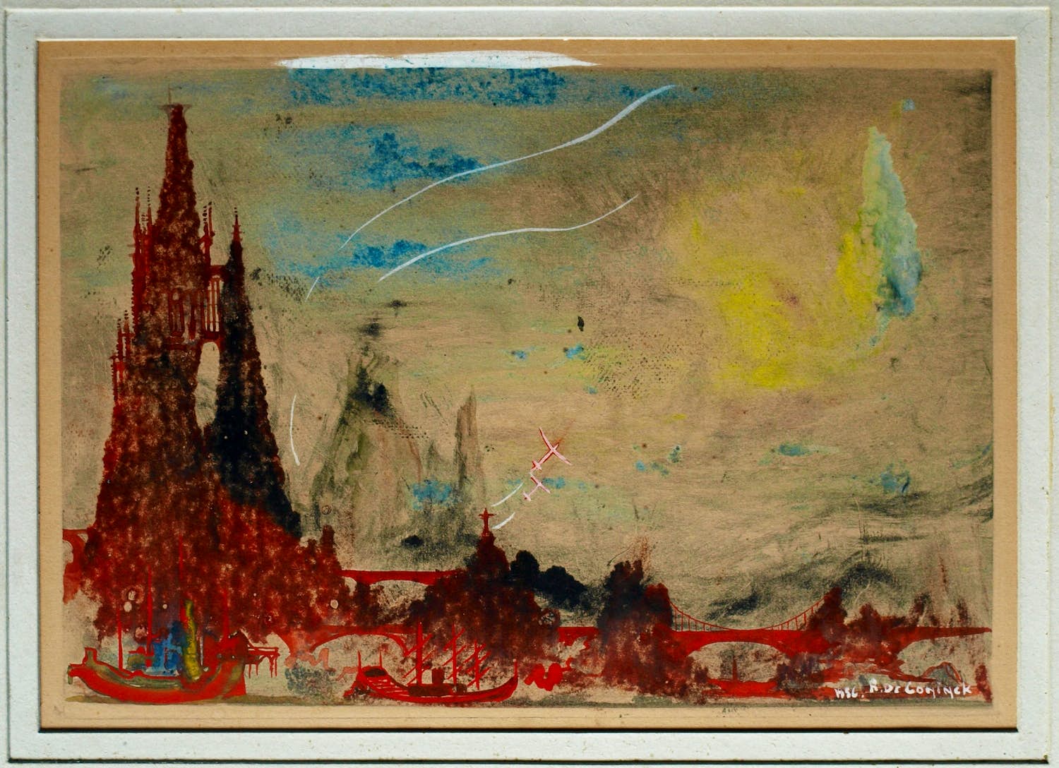 Rene De Coninck - Gemengde techniek op karton , Ingelijst , ‘Stadsgezicht’ - 1956 verkocht voor € 1!