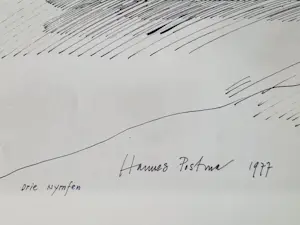 Hannes Postma - Een in 1977 gemaakte grote inkt-tekening "3 nymphen / naaktstrand" kaufen? Bieten Sie von 63!