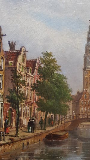 Oene Romkes de Jongh - zicht op Groenburgwal en Zuiderkerk te Amsterdam. kopen? Bied vanaf 1995!