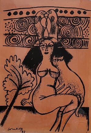 Corneille - Vrouw met kat, ets/aquarel kopen? Bied vanaf 275!