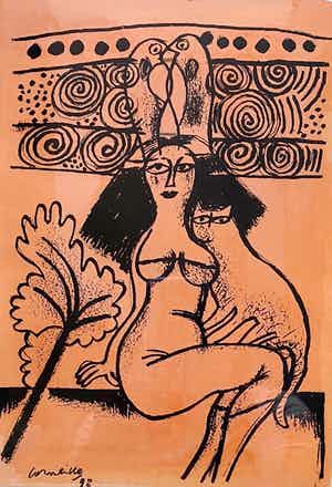 Corneille - Vrouw met kat, ets/aquarel verkocht voor € 275!