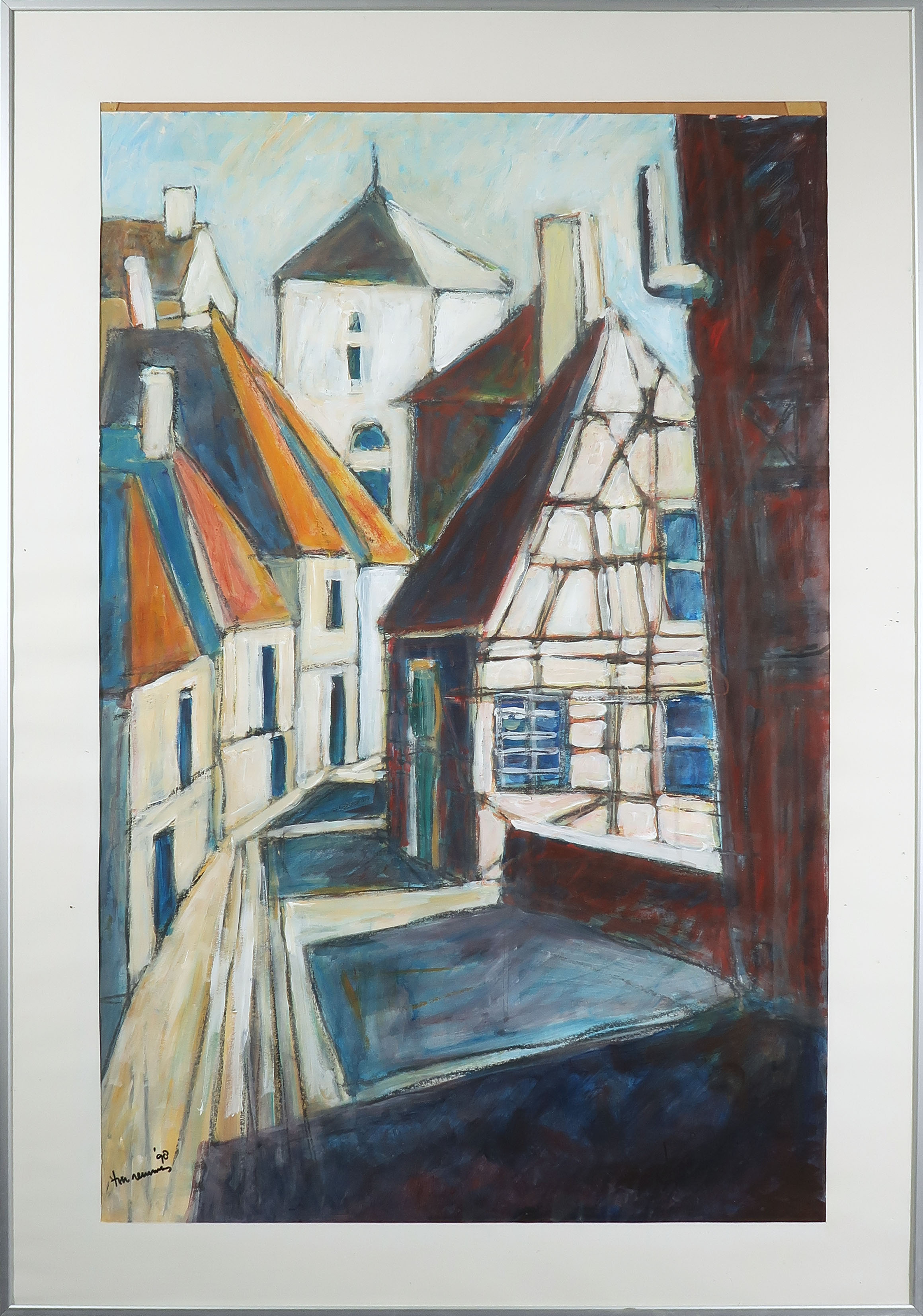 Ton Remmers - Gouache op papier, Stadsgezicht - Ingelijst (Groot) kopen? Bied vanaf 40!