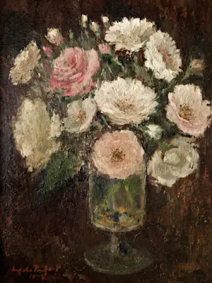 Niet of onleesbaar gesigneerd - Begin 20e eeuw naïef geschilderd olieverf "pioenrozen in glas" gesigneerd kopen? Bied vanaf 1!