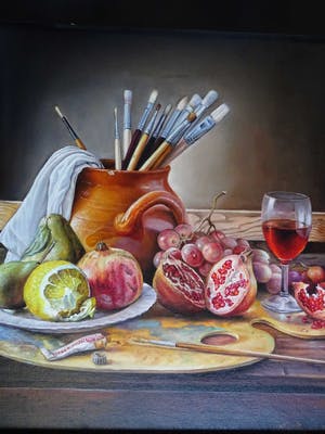 Alfonso Moreno - Stilleven schildersspullen schilderij wijn en fruit. kopen? Bied vanaf 250!
