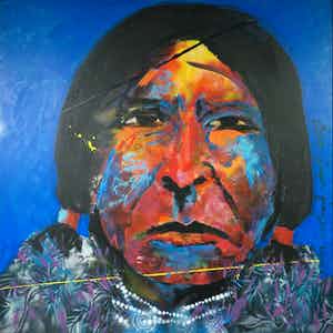 Espen Hagen - Olieverf en spuitbus op doek, Indiaan (Zeer groot) verkocht voor € 400!