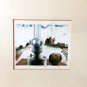 Herman Berserik - Olielamp met fruit - Lithografie, Ingelijst verkocht voor € 109!