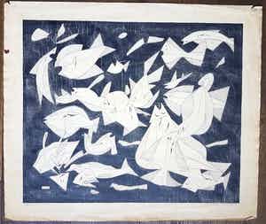 Jan Schoonhoven - Vissengevecht - Zeldzame vroege, grote litho verkocht voor € 475!